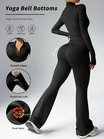 YZMJAFU Damstorlek Casual jacka med dragkedja, tumhål och utsvängda byxor med hög midja, svarta leggings, 2-delat set, långärmade, stora byxor, svart body, lämplig för yoga, dans och fitnesscenter, vinter