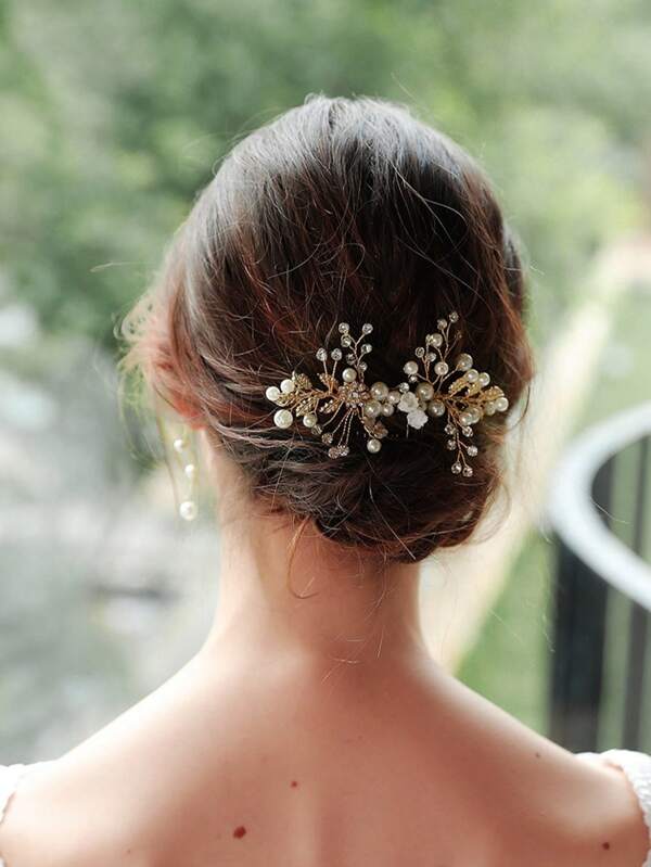 1 pieza Peineta de flores de aleación con rhinestones, tocado de novia de lujo hecho a mano con perlas, joyería al por mayor para estudio de fotografía de bodas