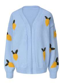 2025 New Fashion V-Neck Sweet Loose 3D Embroidered Lemon Graphic Knit Cardigan Sweater Jacket, Women Modest, Party, Y2K, Going Out, Concert, Date Night Tops - Blue - View 2