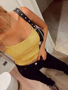 女士性感可爱闪亮针织吊带背心，露背金色夏季服装，适合度假、夜店、街头派对 - 黃色 - 查看 4