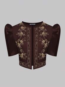 Amyenjoylife 现代菲律宾风情女式时尚纯色印花泡泡袖上衣，咖啡棕色，开斋节服装 - 咖啡棕 - 查看 1