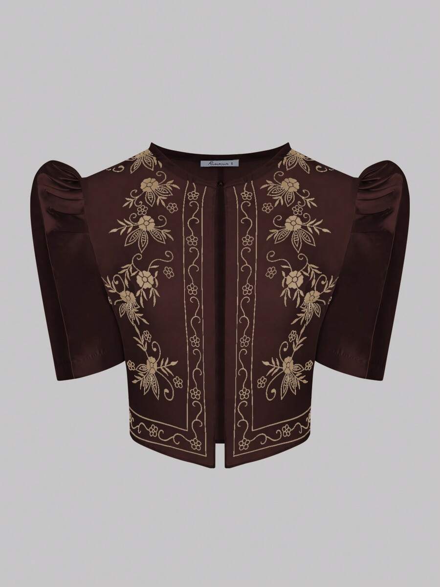 Amyenjoylife 现代菲律宾风情女式时尚纯色印花泡泡袖上衣，咖啡棕色，开斋节服装 - 咖啡棕 - 查看 1