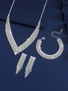 Ensemble de bijoux de mariée, boucles d'oreilles à franges brillants en cristal, collier élégant, bracelet et bague, convient pour le mariage, la fête, le banquet, le bal - Argent - Voir 3