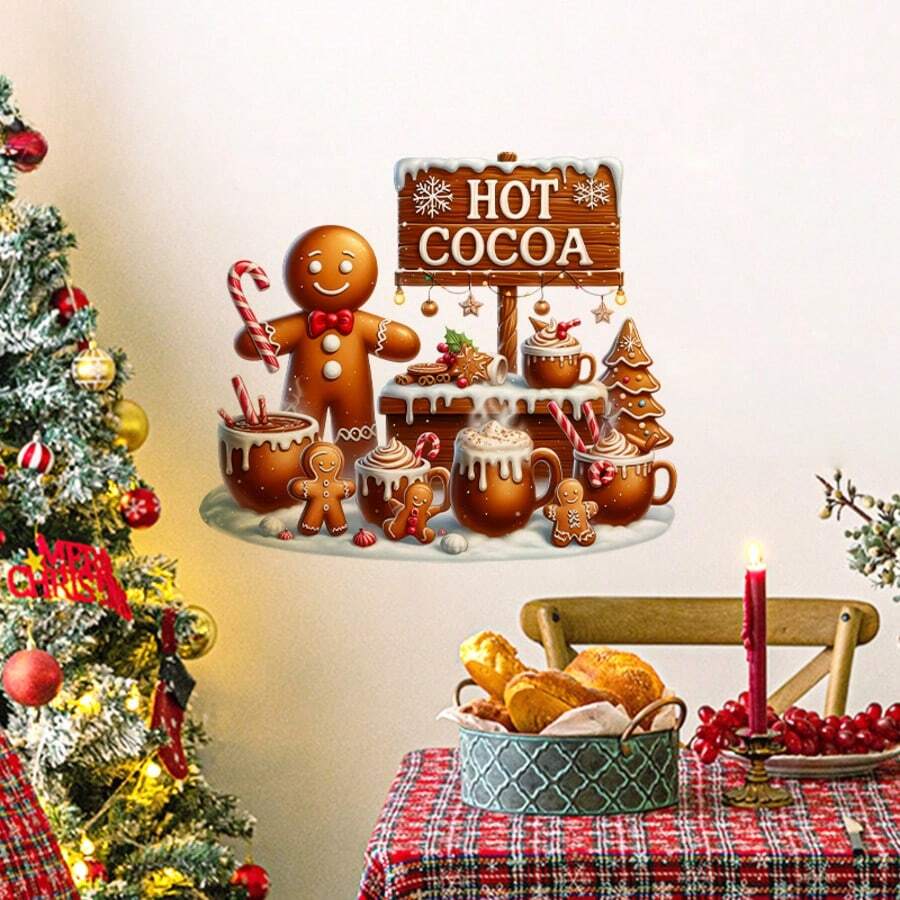 Autocolant de perete festiv de Crăciun cu turtă dulce - Autoadeziv, decorațiune de sărbători ușor de aplicat pentru dormitoare, băi și toalete, design vesel cu turtă dulce și pălărie de Moș Crăciun și baton de bomboane, perfect pentru decorul casei de sărbători, artă murală festivă | Decor festiv vesel | Artă murală decorativă, decorațiuni de Crăciun cu turtă dulce