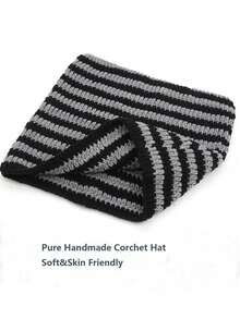1pc Unisex Hand Knitted Cute Striped Cat Ear Beanie Hat, Autumn Winter Warm Ear Protective Handmade Striped Ski Mask Street Fashion Hip-Hop Couple Headwear - Multicolor - View 12