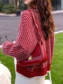 Tonlion 女士秋冬优雅韩版羊毛开衫 - 紅色 - 查看 2