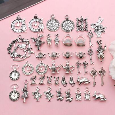 44/45 pezzi misti casuali di ciondoli a tema Alice nel Paese delle Meraviglie, Tea festa, Steampunk e scheletro, in tonalità argento antico e bronzo, per la realizzazione di gioielli e artigianato fai-da-te