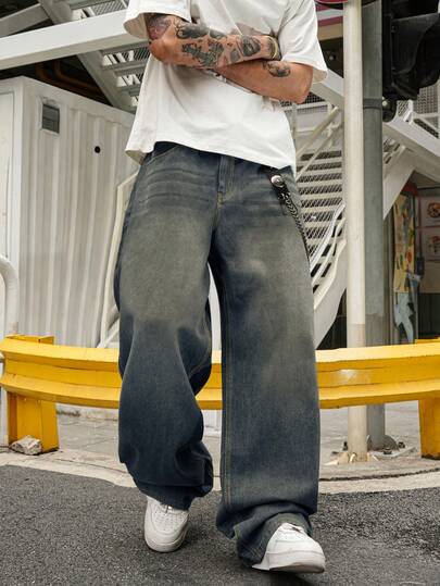 1 件复古美国高街男士宽松做旧水洗阔腿牛仔裤，休闲街头风格（不含腰带和配饰）
