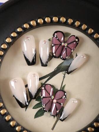 XEERCOOU 10pcs Press On Nails French Butterfly Pink Black Shining And Sparkling Office DailyWear False Nails Artificial Nails Kit Nail Supplies Includes 1sheet Adhesive Tabs &1 Pc Mini File Nail Art DIY