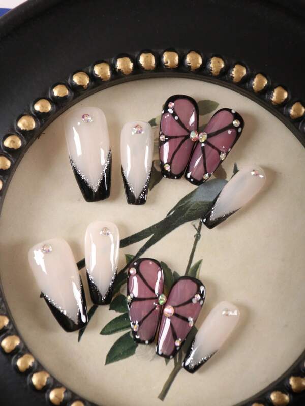 XEERCOOU 10pcs Press On Nails French Butterfly Pink Black Shining And Sparkling Office DailyWear False Nails Artificial Nails Kit Nail Supplies Includes 1sheet Adhesive Tabs &1 Pc Mini File Nail Art DIY