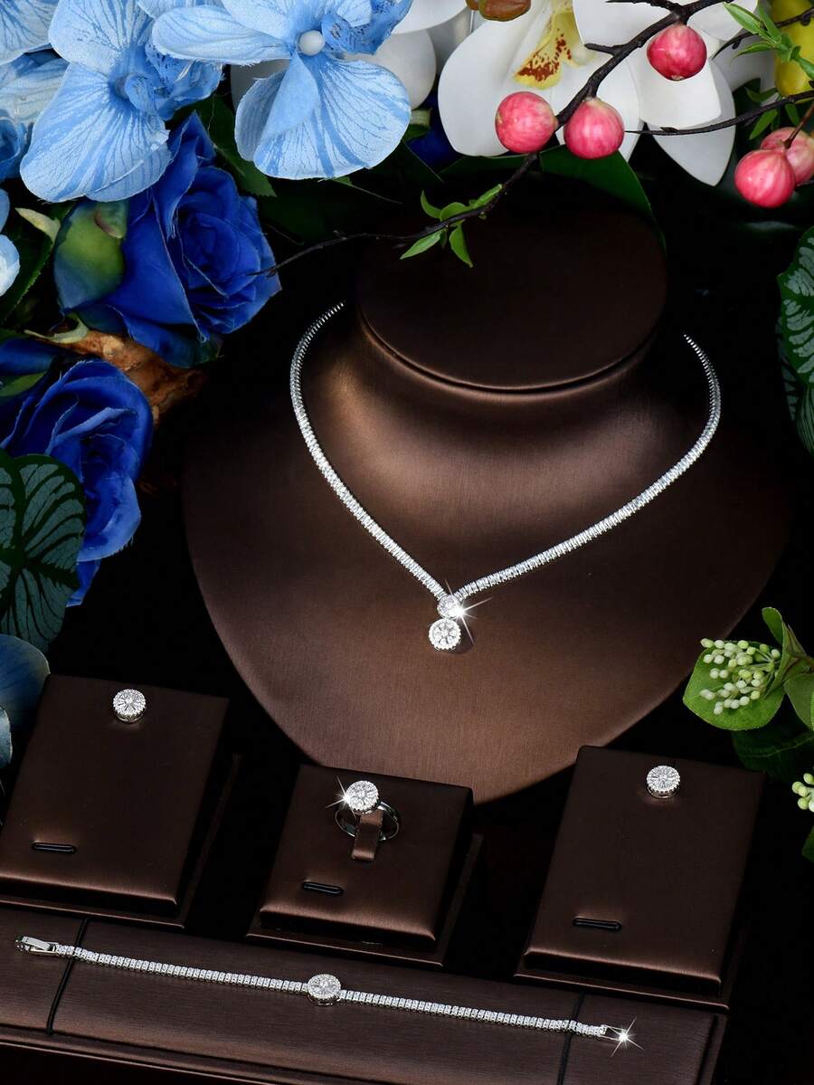 1 套简约立方氧化锆圆球装饰首饰套装，适合女性日常配饰