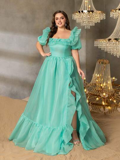 优雅方领泡泡袖A字高开衩荷叶边下摆欧根纱正式礼服，适合正式晚宴、婚礼、盛大晚会、红毯活动和高端派对。