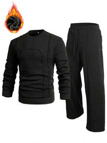 男士休闲运动圆领长袖运动衫套装 - 黑色 - 查看 1