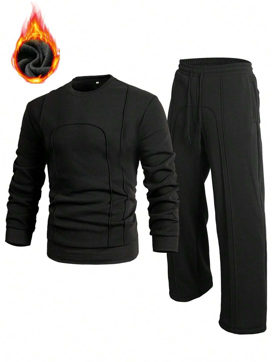 男士休闲运动圆领长袖运动衫套装 - 黑色 - 查看 1