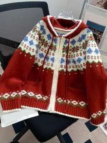 JIANHU 节日风连帽开衫，带有节日花卉和条纹针织图案，非常适合圣诞节和冬季庆祝活动 - 紅色 - 查看 3