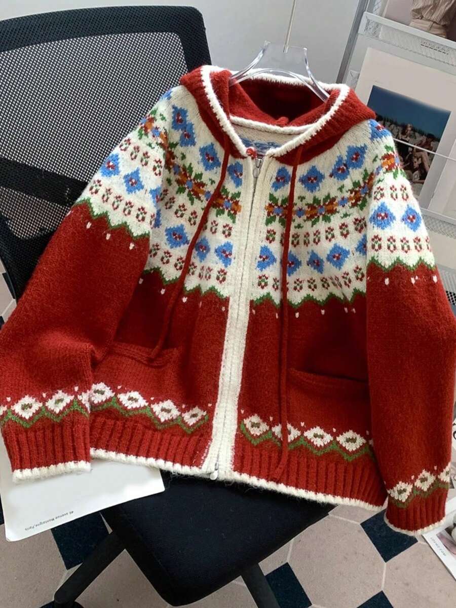 JIANHU Holiday Themed Hooded Cardigan, Adorned With Festive Floral Striped Knit Pattern, Perfect For Christmas And Winter Celebrations - Red - View 1