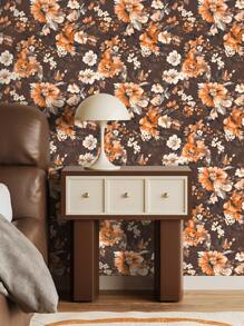 1卷 1米/3米/5米 复古棕色花朵叶子乡村风格墙面装饰墙纸可剥离自粘式接触纸乙烯基壁纸 DIY 家居装饰房间背景卧室厨房客厅浴室柜桌椅家具翻新覆盖纸