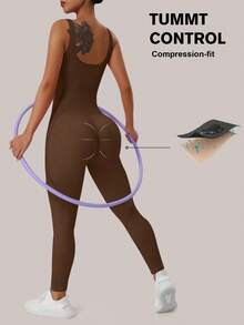 VVX Shapewear Bodysuit For Women Tummy Control Square Neck Seamless Ribbed One Piece Jumpsuit Sleeveless Tank Top Leggings - 黑棕 - 查看 2