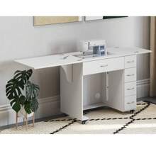 Alice Sewing Cabinet Ash White - Compact, Mid-Size Sewing Cabinet, Designed With An Ultra Home-Friendly Footprint, Convenient 3-Position Hydraulic Sewing Lift For Free Arm And Flat Bed Sewing, 4 Drawers To Store Notions And Sewing Accessories, 2 Side Leaves To Expand Your Work Surface, Sits On Heavy-Duty Locking Casters For Stability And Easy Mobility, 10-Year Warranty, 2 Foldable Side Leaves To Expand