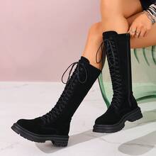 Botas altas de mujer de talla grande de unicolor 2025, botas de montar con cremallera lateral, cordones y suela gruesa que aumentan la altura, elegantes y delgadas