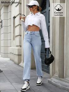 百搭休闲时尚松紧腰直筒牛仔裤，优雅简约的设计，春秋女士裤子 - 藍色 - 查看 5
