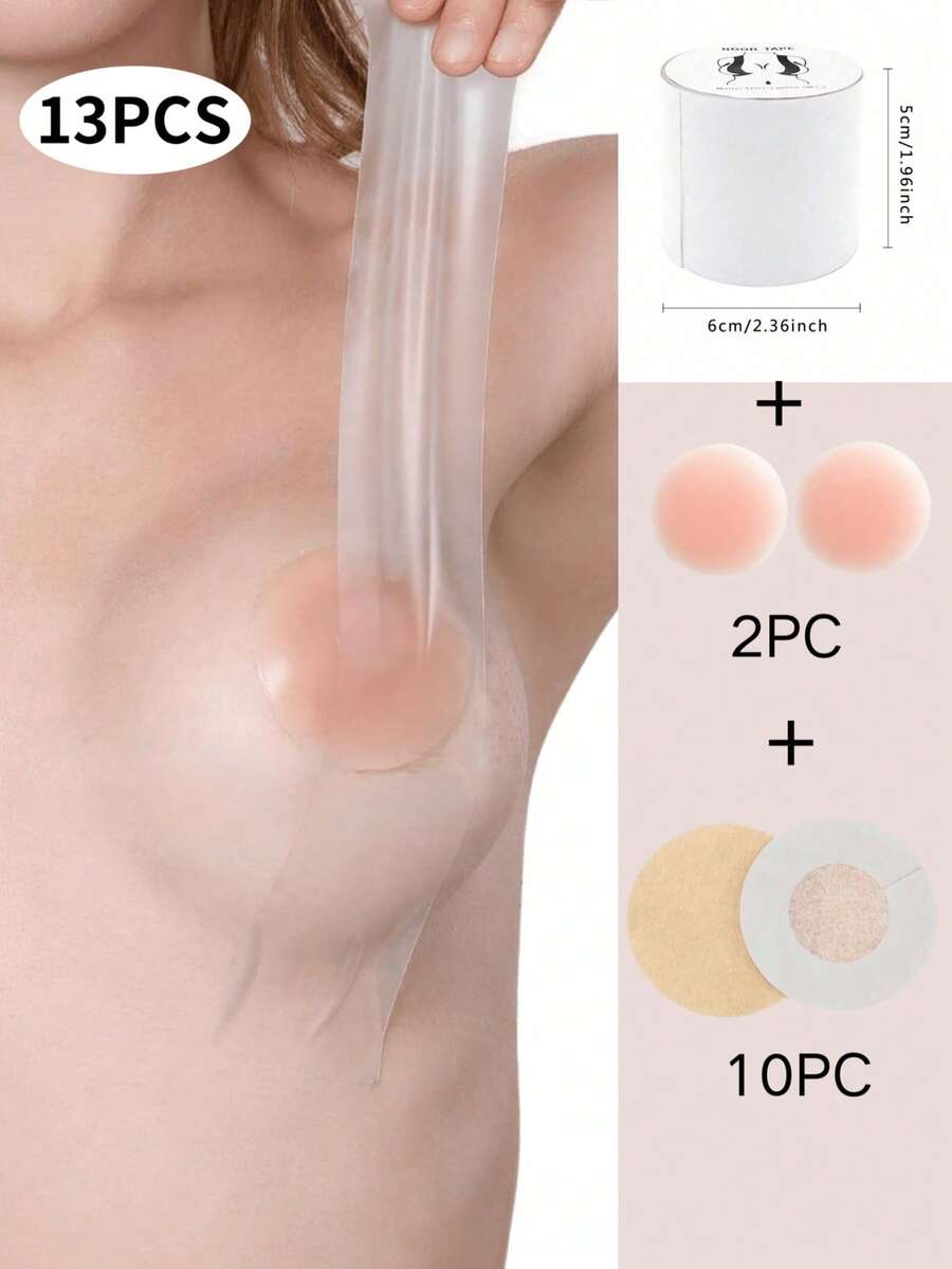 13 件 - 透明绷带 + 10 片一次性无纺布圆形乳贴 + 1 对粉色圆形乳贴 隐形聚拢乳贴 提拉乳房胶带 适用于隆胸和无肩带连衣裙 - 無色 - 查看 1