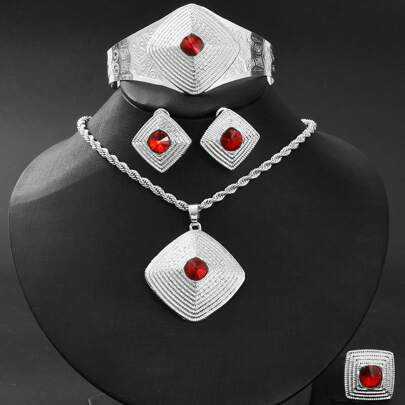 4pcs African Luxury Jewelry Set - Silver Color Women's Pendant Necklace, Earrings, Ring, Bracelet With Red Zirconia, Middle Eastern Dubai Traditional Bridal Wedding Gift