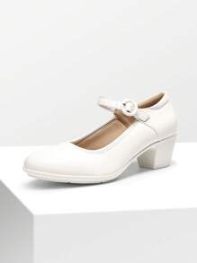 Women's Pumps Low Chunky Mary Jane Heels Closed Round Toe Solid Color Comfortable Dating Work Dress Shoes - 白色 - 查看 7