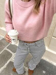 FOR BEAUTY Autumn/Winter Y2K Women's Pink Round Neck Long Sleeve Knit Hoodie, Loose Fit Sweet Fashion Street Date Commute Top Fall - Pink - View 9