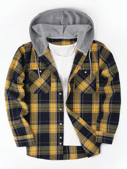 1 件男士格子纽扣连帽常规版型长袖衬衫，带双胸袋，休闲户外衬衫，秋季