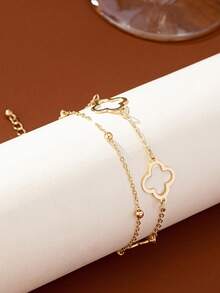 1pc Double Layer Hollow Four-Leaf Clover Pendant Anklet, Fashionable & Elegant, Suitable For Gifts, Parties And Daily Wear