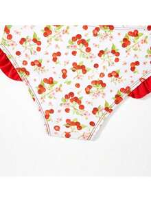 Trajes de baño para niñas, trajes de baño rojos, estampado de cerezas, bikini con hombros descubiertos, trajes de baño de dos piezas para niñas. - Rojo - Ver 6