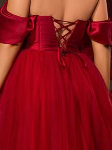 VIPGIRL Vestido de gala de tul color borgoña con hombros descubiertos, corsé con lentejuelas y falda esponjosa, vestidos de gala para mujeres, estilo princesa elegante, vestido de noche formal, vestido de lujo para invitada de boda, vestido de dama de honor, vestido de fiesta