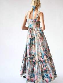 Women Slip Dress Sleeveless Floral Pleated Swing Dress Summer Long Vacation Dress - Blue - View 4