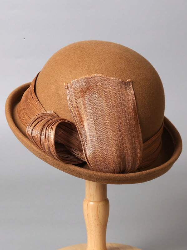 1pc New French Retro Wool Felt Hat, Women Elegant Upturned Brim Luxury Cloche Hat With Silk & Linen Decoration