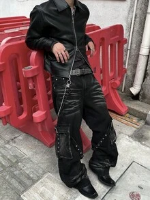 1件复古美式猫须多口袋拼接牛仔裤，时尚工装裤，阔腿裤（不含腰带和配饰） - 黑色 - 查看 2