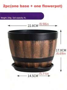 老式威士忌酒桶花盆带托盘套装 - 2个（一个底座+一个花盆），条纹塑料花盆带排水孔，适用于客厅、卧室、户外、花园、阳台、公寓、办公室和乡村旅馆。花盆、花篮，适合种植香草和多肉植物 - 圆形花园花盆，物美价廉，加厚耐用，防水