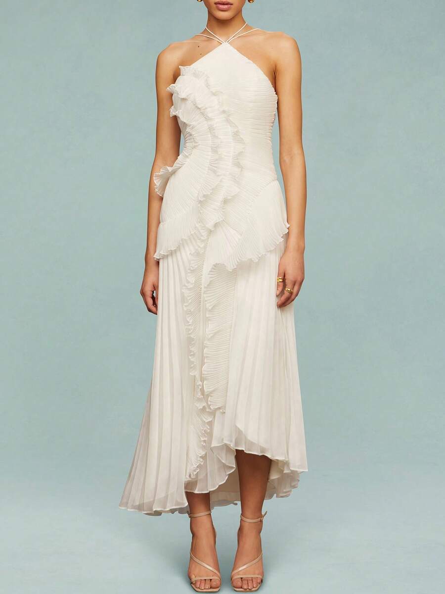 Women Ruffle Pleated Long Dress Sleeveless Halter Irregular Tiered Pleated Flowy Chiffon Dresses For Wedding Guest - Beige - View 1