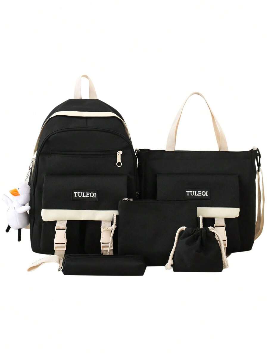 KIT 5 Leisure And Travel Backpacks For Teenagers And Girls Students Korean Tour Large Capacity With Waterproof Keychain - màu đen - Xem 1