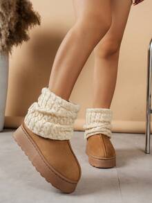 秋冬可爱保暖厚底舒适靴子，时尚百搭毛绒内衬短筒个性修身防滑针织袜雪地靴，毛皮靴 - 咖啡 - 查看 3