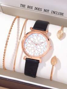 4pcs Fashionable And Versatile Women's Quartz Watch, Exquisite Circular Digital Dial, PU Belt Strap, Paired With A Simple Jewelry Bracelet Set, Suitable For Daily And Holiday Wear, Suitable For Gift Giving - Apricot - View 5