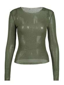 Áo thun nữ dài tay cổ tròn ôm sát, chất liệu lưới, bóng bẩy, thích hợp cho các hoạt động ngoài trời, cắm trại, lễ hội âm nhạc, trang phục Halloween. - xanh quân đội - Xem 2