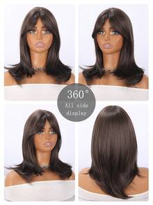 SMILCO 18 Inch Brown A-Line Bangs Medium Length Wig For Women Realistic Matte Hair Slightly Curled Fluffy Style Commuter Date - màu nâu - Xem 4