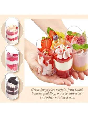 100 个透明多功能迷你甜点杯，非常适合酸奶冷冻甜点、水果沙拉杯、香蕉布丁杯、塑料甜点杯、派对甜点杯和家用甜点杯。