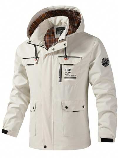 Men's Fashionable Hooded Jacket, Plaid Lining, Multi-Pocket Design, Detachable Hood, Suitable For Outdoor Activities In Spring And Autumn