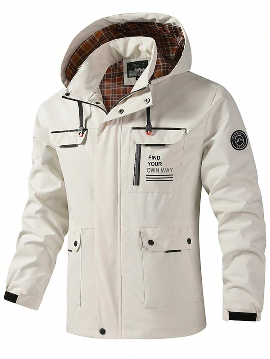 Men's Fashionable Hooded Jacket, Plaid Lining, Multi-Pocket Design, Detachable Hood, Suitable For Outdoor Activities In Spring And Autumn - Beige - View 1