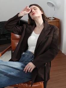 HH Women's White Turn-Down Collar Long Sleeves Lace-Up Blazer - Mocha Brown - View 10