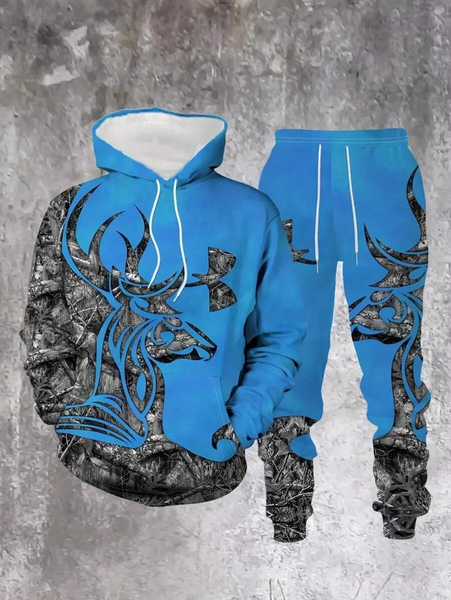 1 套男士休闲涤纶连帽衫和运动裤套装，蓝色动物数码印花，连帽领，轻微弹力针织面料，常规版型，适合周末休闲 - 春秋装 - 彩色 - 查看 1