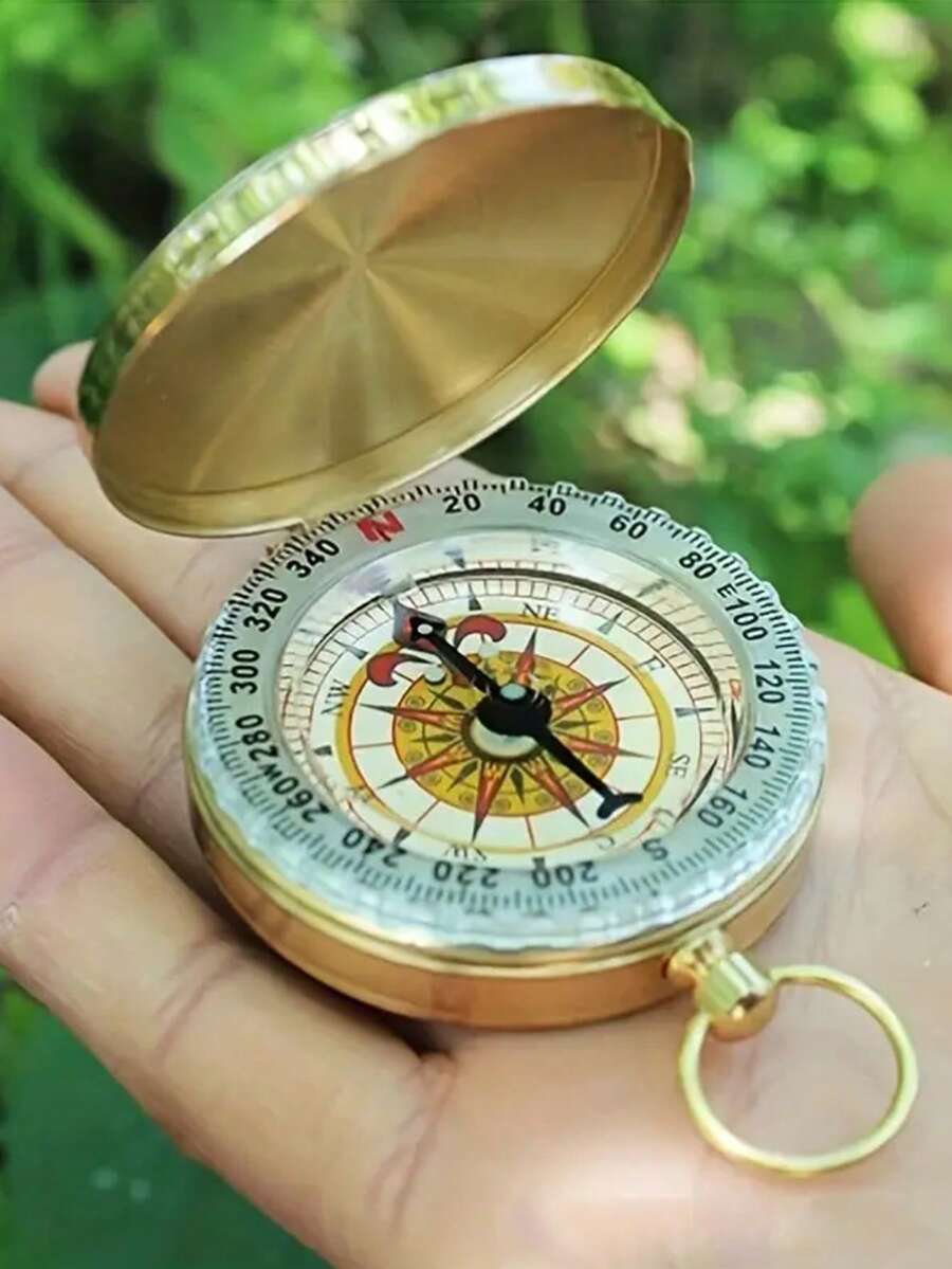 1个高品质铜质指南针，怀表式设计，金色，精致户外露营用品，带夜光功能 - 彩色 - 查看 1