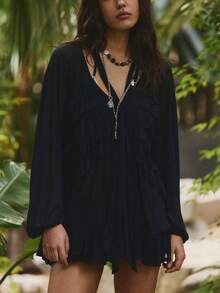 Womens Y2K Sheer Mesh Frill Shirt Tops Solid Color See Through Long Puff Sleeve V Neck Ruffle Hem Loose Fit T Shirts Blouses Boho Peplum Shawl Shirts With Scarf Set Fall Going Out Tops Beach Cover Up Vacation Streetwear - 黑色 - 查看 3